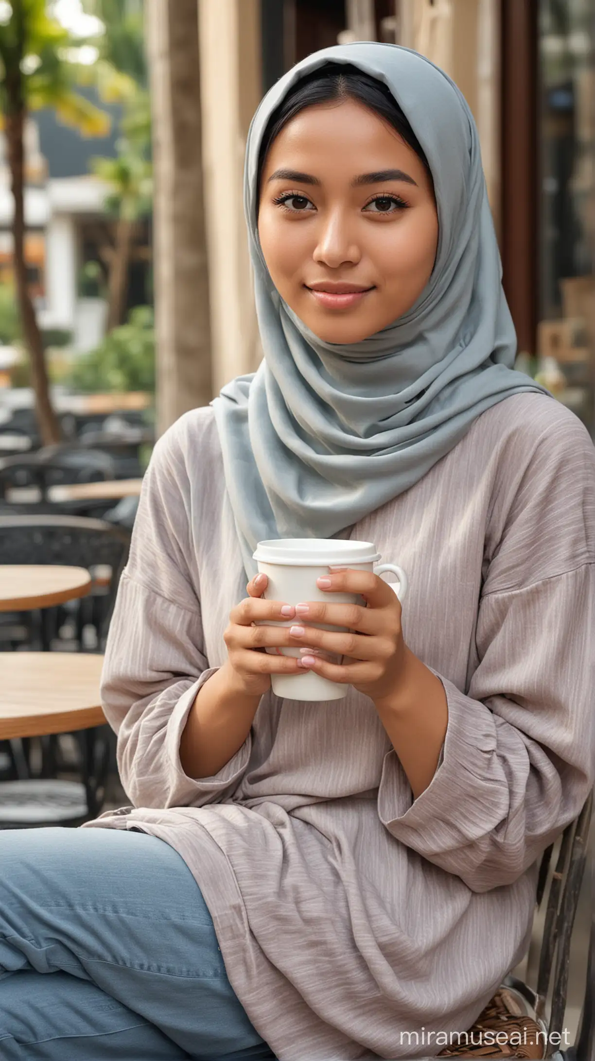 A 23 year old Indonesian woman is sitting on a chair holding a cup of coffee, wearing casual clothes and a hijab, outdoor cafe background, realistic image
