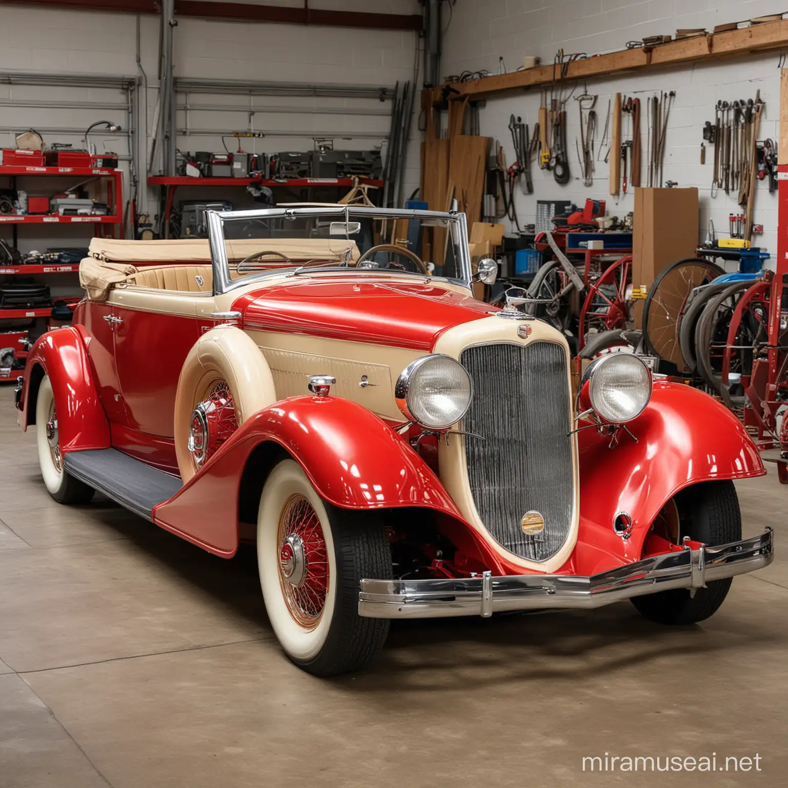 1934 Cadillac 355D convertible, red and cream, in a garage workshop.