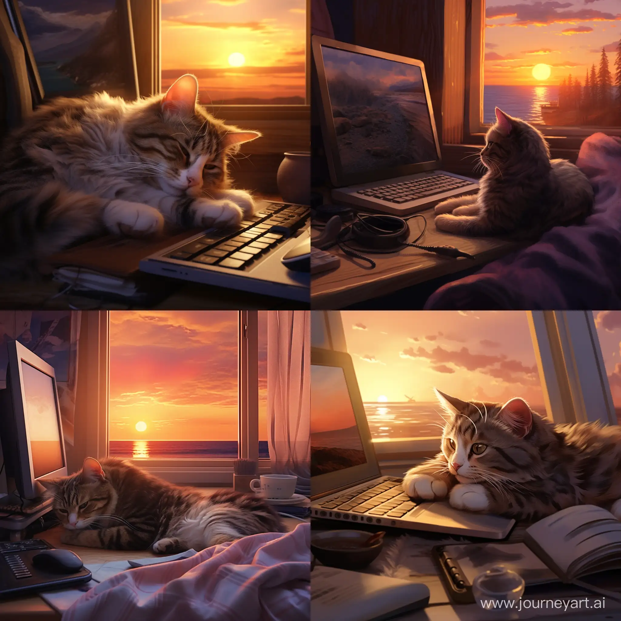 кот спит у компьютера на фоне заката