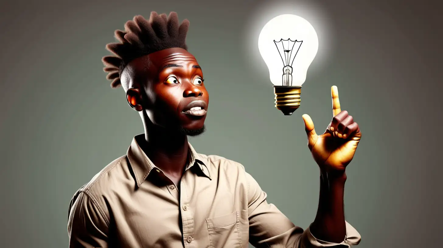 african with idea light bulb floating high above head