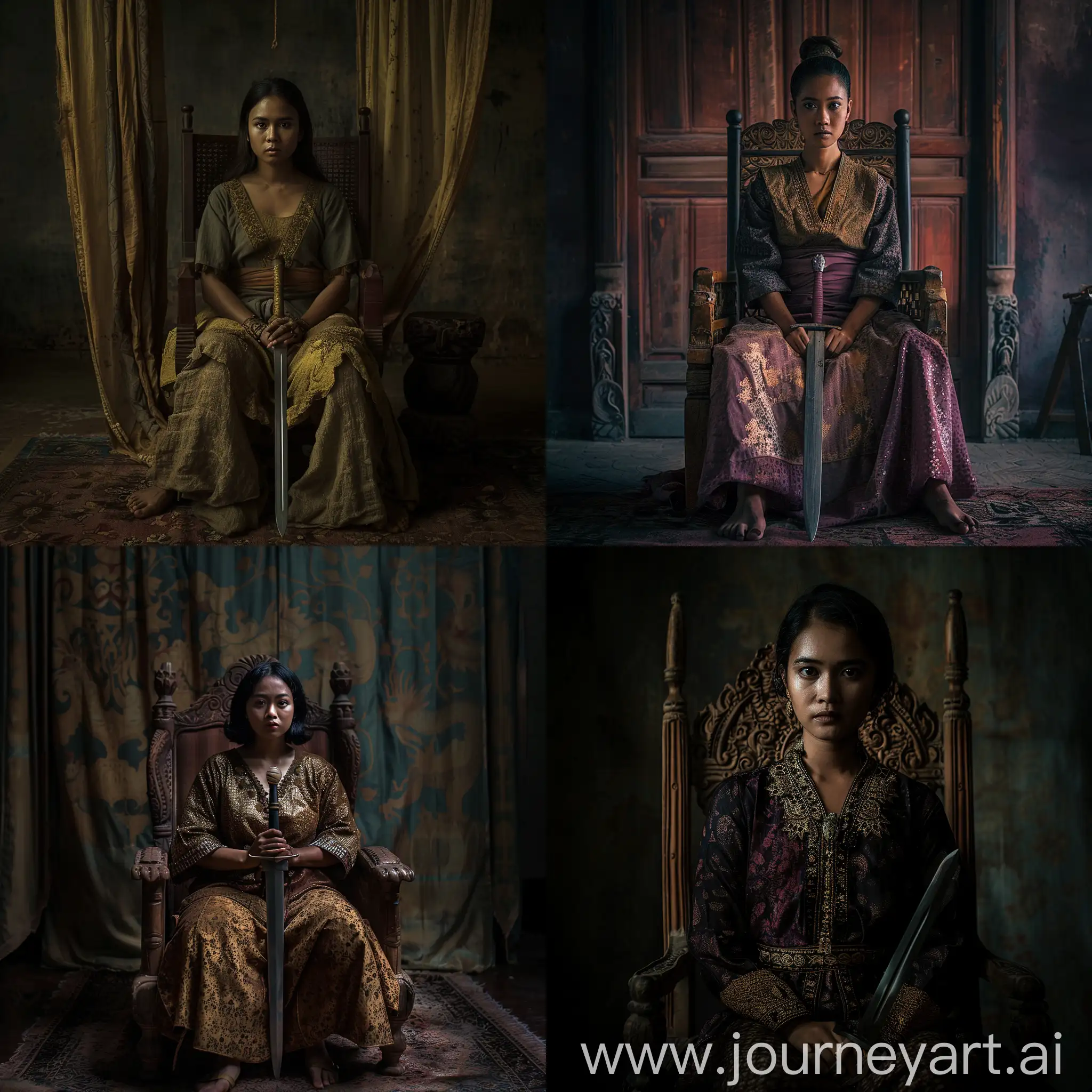 cinematic image, a female warrior, sitting in a simple house chair, front seat from the audience, there is a sword beside her,potrait shot, cinematic lighting, Indonesian kingdom in 1100