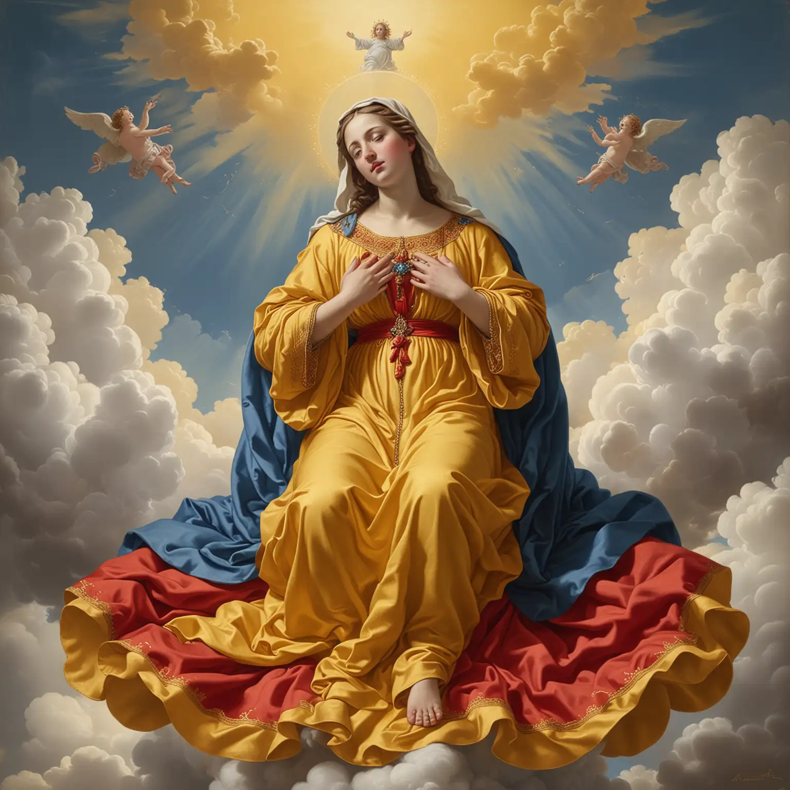 The Virgin Mary in ScarletRed Dress on Yellow Cloud Giovanni Gasparro Style