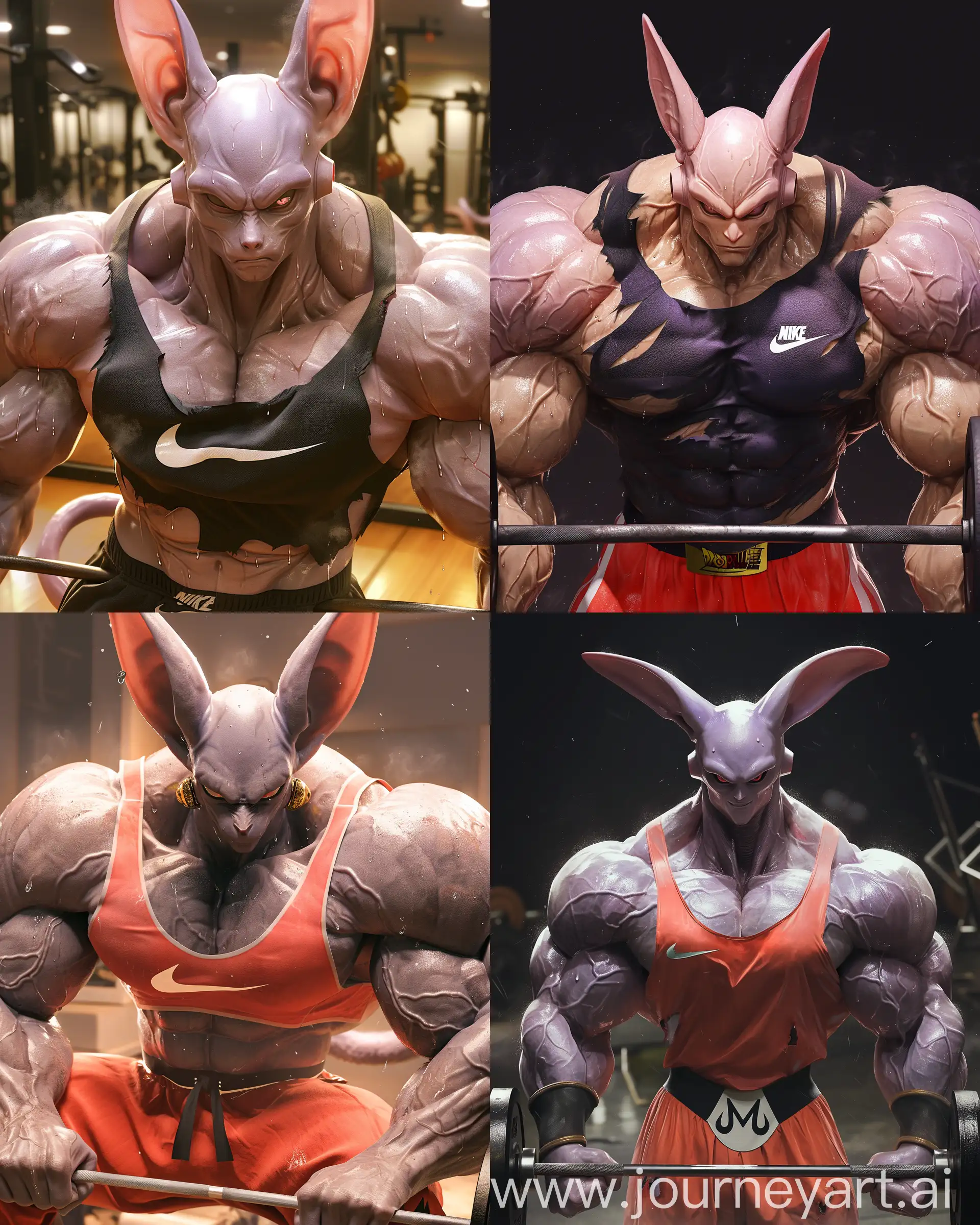 full body real portrait real person god Majin Beerus from Dragon Ball World with large pump muscles wearing a Nike outfit doing a deadlift workout with heavy weight, large neck and wide shoulder muscles and thick veins, looks so strong and aggressive and focuses on the viewer with a mean attitude, torn clothes, sweating with shiny skin, wet clothes, sweating, high luxury gym, he still real Majin Beerus from dragon ball world 32k UHD HDR super crispy detail hyperrealistic, hyperrealism, --ar 4:5 --niji 6