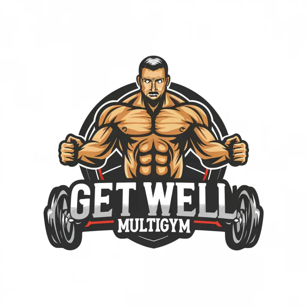 a logo design,with the text "Get Well Multigym", main symbol:A Body Builder,Moderate,be used in Sports Fitness industry,clear background