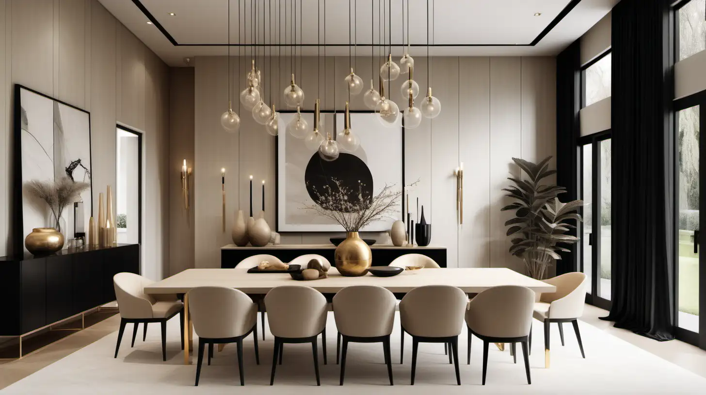 Elegant Contemporary Dining Room with Minimalist Design and Double Height Ceilings