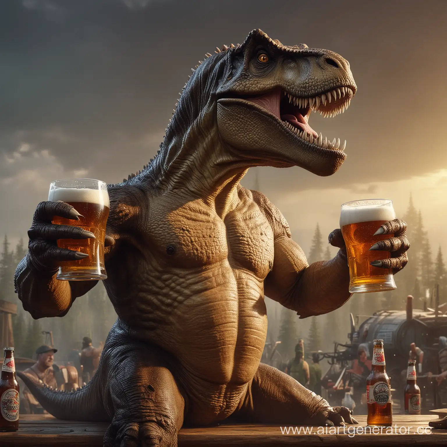 a t - rex holding two mugs of beer, by Igor Grabar, information, hibbary, shirt design, photo taken in 2 0 2 0, slavic!!!, album photo, pbr, 1920x1080, bar, braavos, from 2001, dimension, advertising, alcohol, sit on tank