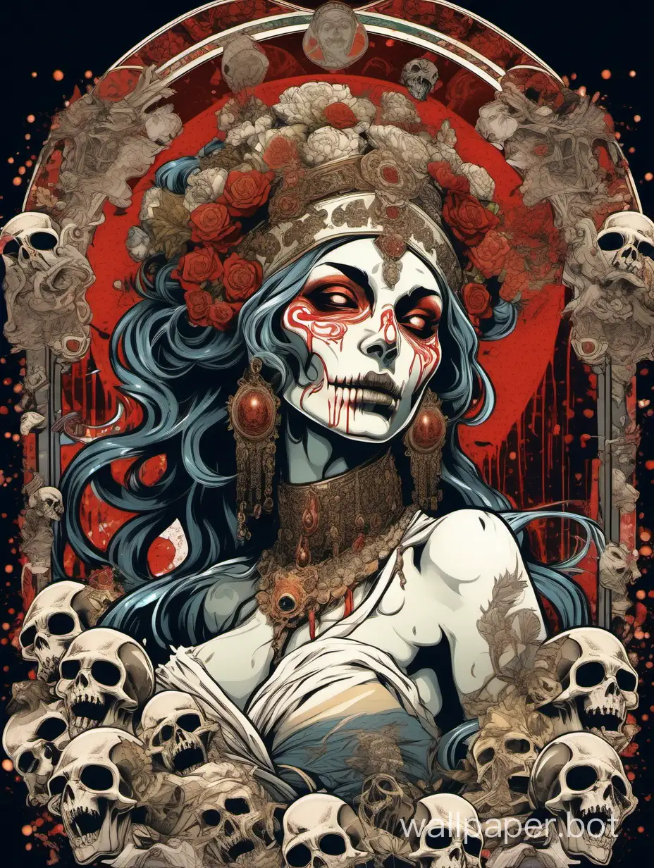 crazy horror skull odalisque, paranormal smile,  chaos ornamental assimetrical, chinese poster, torn poster edge, alphonse mucha hiperdetailed, highcontrast, 3d deep backgroung, explosive dripping white highcontrast  colors, sticker art