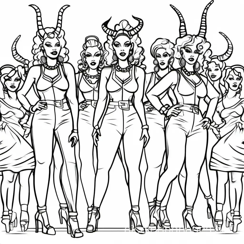a triplite crew drag queen entertainer with horns headdress on the catwalk, Coloring Page, black and white, line art, white background, Simplicity, Ample White Space. The background of the coloring page is plain white to make it easy for young children to color within the lines. The outlines of all the subjects are easy to distinguish, making it simple for kids to color without too much difficulty
