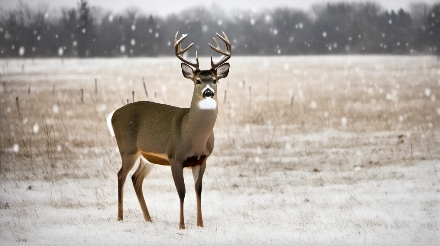 White tail deer standing in field, daylight, snow on ground.