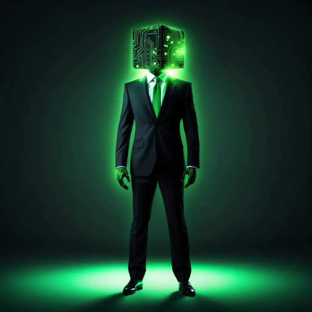 small black cube as a head.
human body.
wearing a business suit.
glowing green circuits cover its body.
full body image.