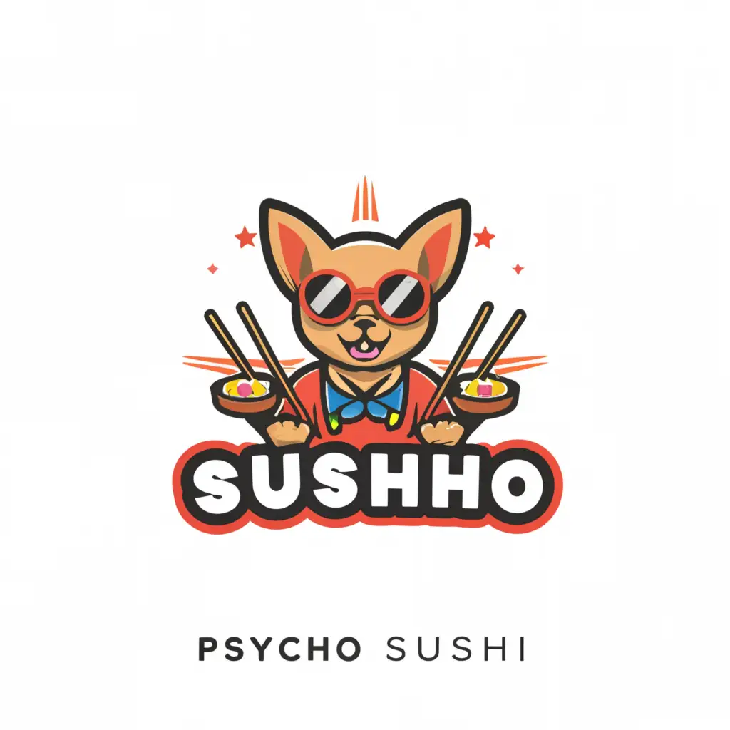 a logo design,with the text "Psycho Sushi", main symbol:sushi Chihuahua,Moderate,clear background