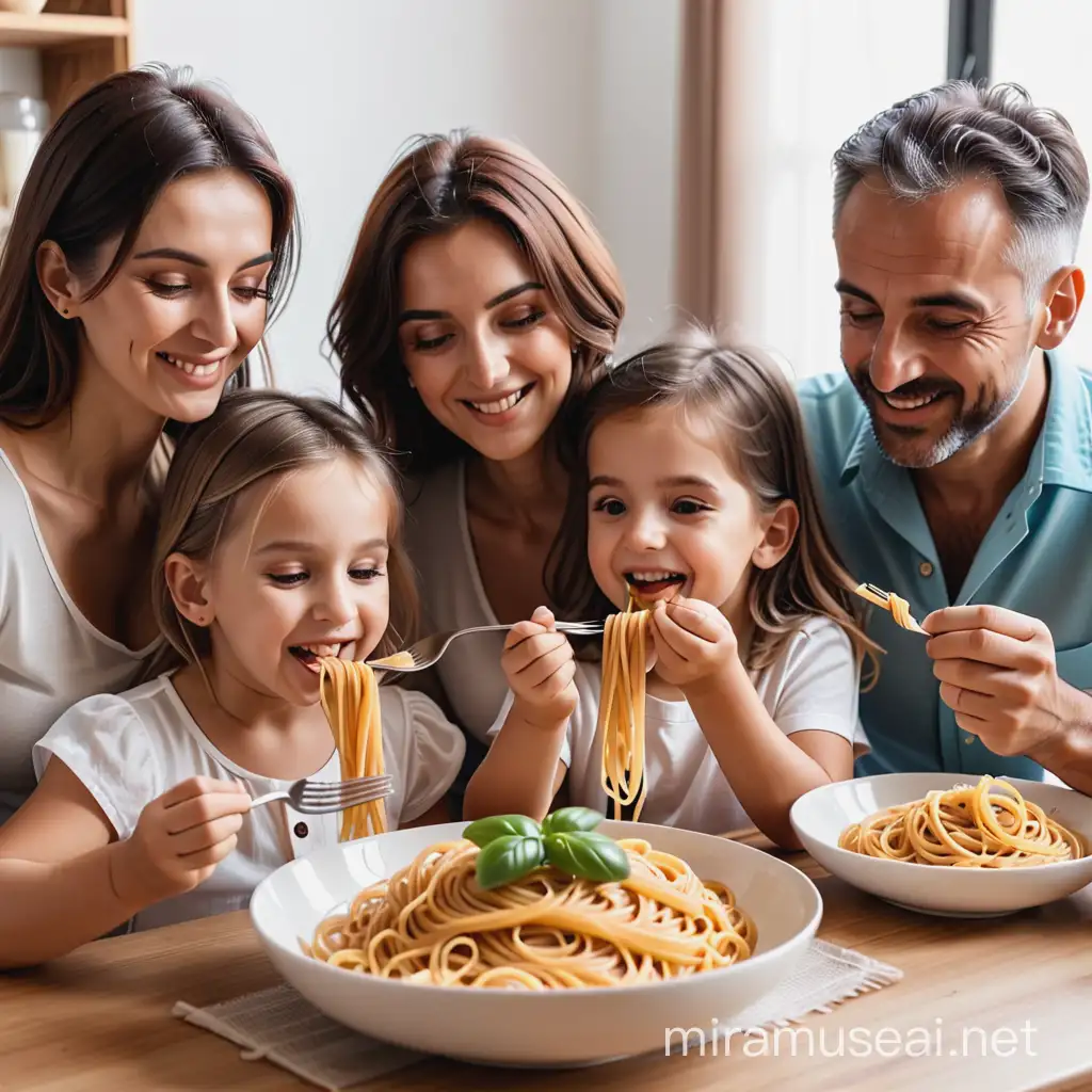 happy beautiful italian family eating pasta together
