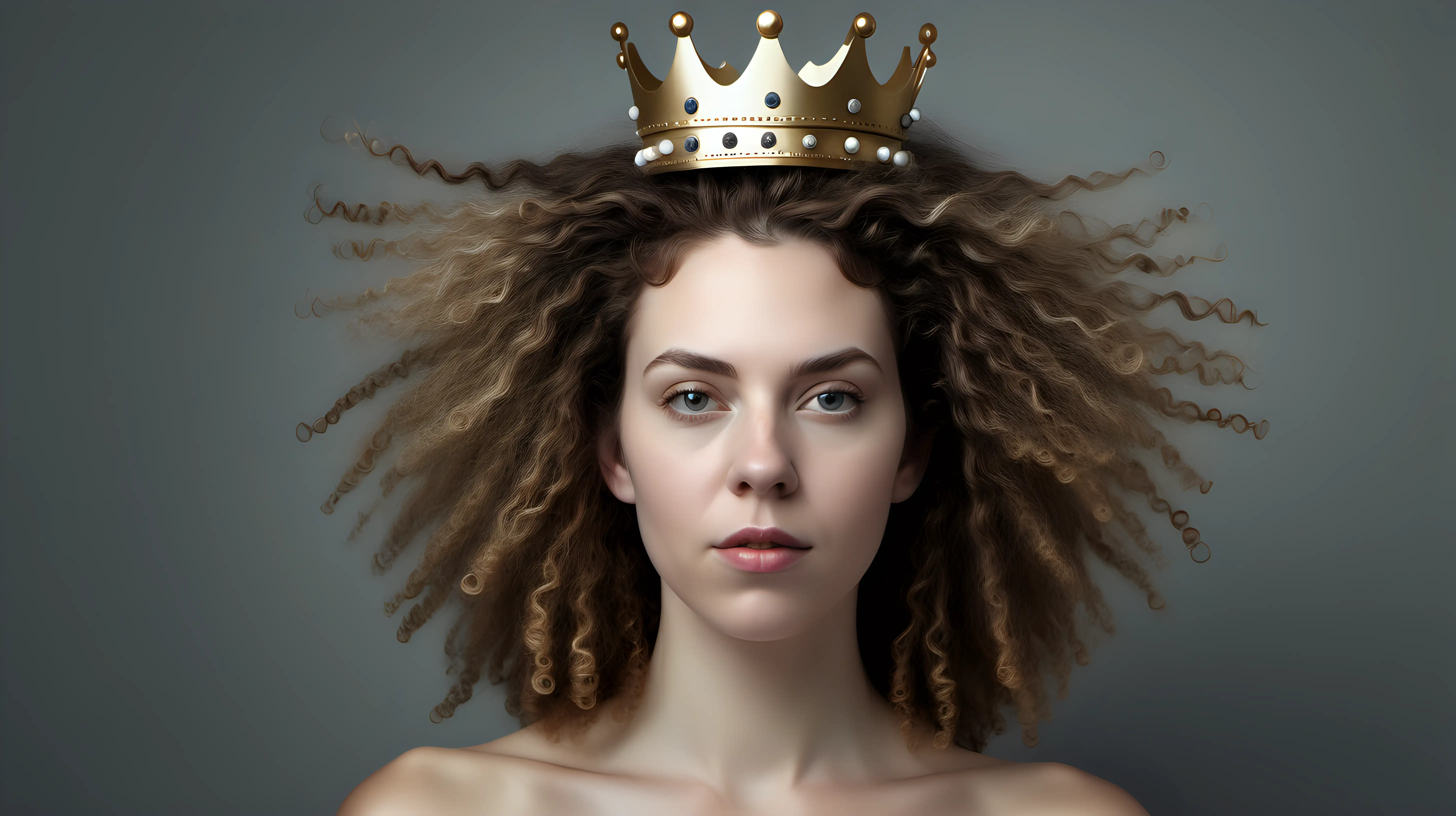 Elegant White Woman Portrait with Crown and Natural Hair