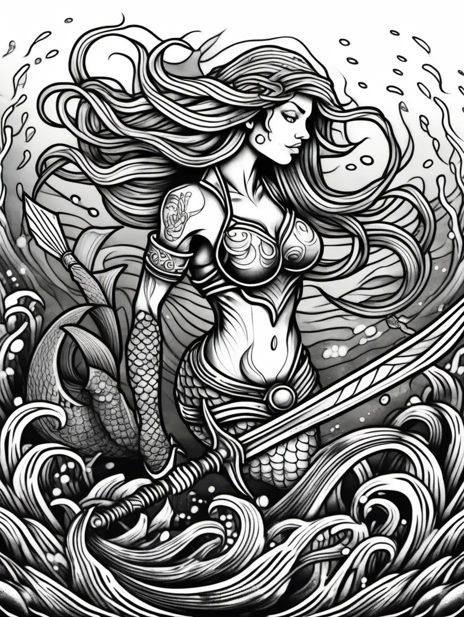warrior,mermaid,tatoos, low detail, underwater, sea- floor, black and white, cartoon style,thick lines,no shading, no colour,  
