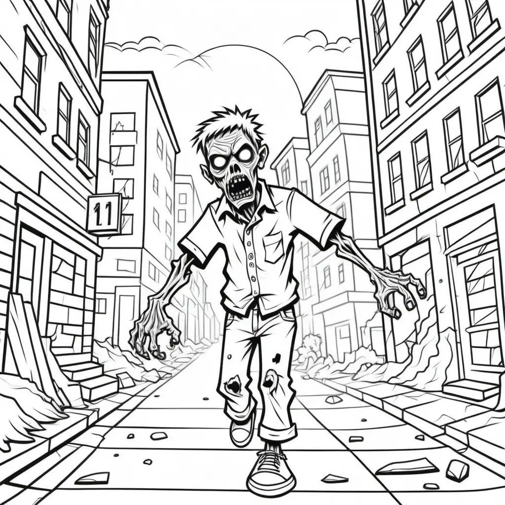 Ein Ausmalbild für Kinder, dicke Linien, ohne Schatten, 9:11, ein Zombie, der durch die Straßen läuft