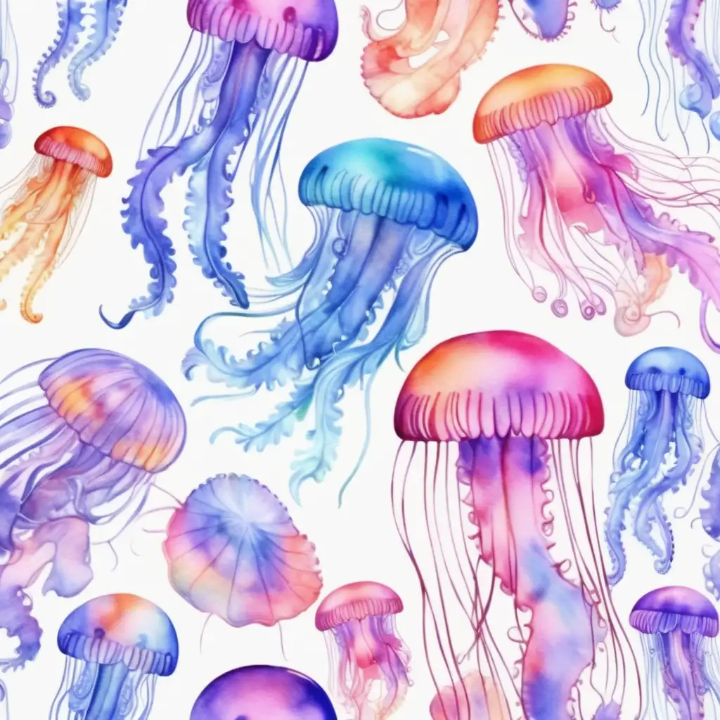Watercolor styled, jellyfish, different colored, with no background, cute and different sizes