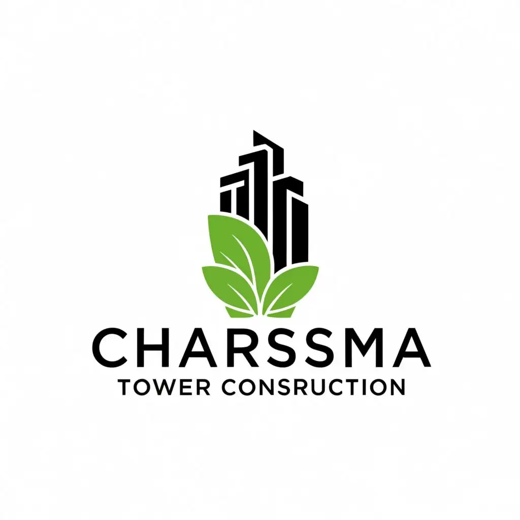 a logo design,with the text "Charisma Tower Construction", main symbol:Buildings and Leaf,Minimalistic,be used in Construction industry,clear background
