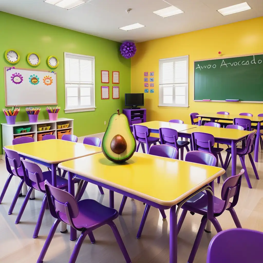 Of course, here's a prompt in English for creating a funny classroom scene with adorable avocado-shaped students, using purple and yellow colors:

---

Create a humorous classroom scene where the students are represented as cute avocado characters. Each avocado student should have its own distinct personality and traits. Some may be shy while others are cheerful and energetic. The classroom should be filled with vibrant colors, predominantly using shades of purple and yellow. The furniture, walls, and decorations should all reflect this color scheme.

The atmosphere in the classroom should be lively, with the avocado students engaging in various interactions and activities. Perhaps one avocado student is sharing healthy recipes with the others, or there's a corner of the classroom stocked with a variety of healthy snacks. Other avocado students could be the class clowns, telling jokes and keeping everyone entertained.

Decorate the walls and desks with avocado-themed decor and accessories. Maybe there's a poster on the wall filled with avocado drawings or avocado-shaped pencil holders and notebooks on the desks.
Overall, this funny classroom scene should depict a cheerful environment with adorable avocado students, creating a whimsical atmosphere using the colors purple and yellow.