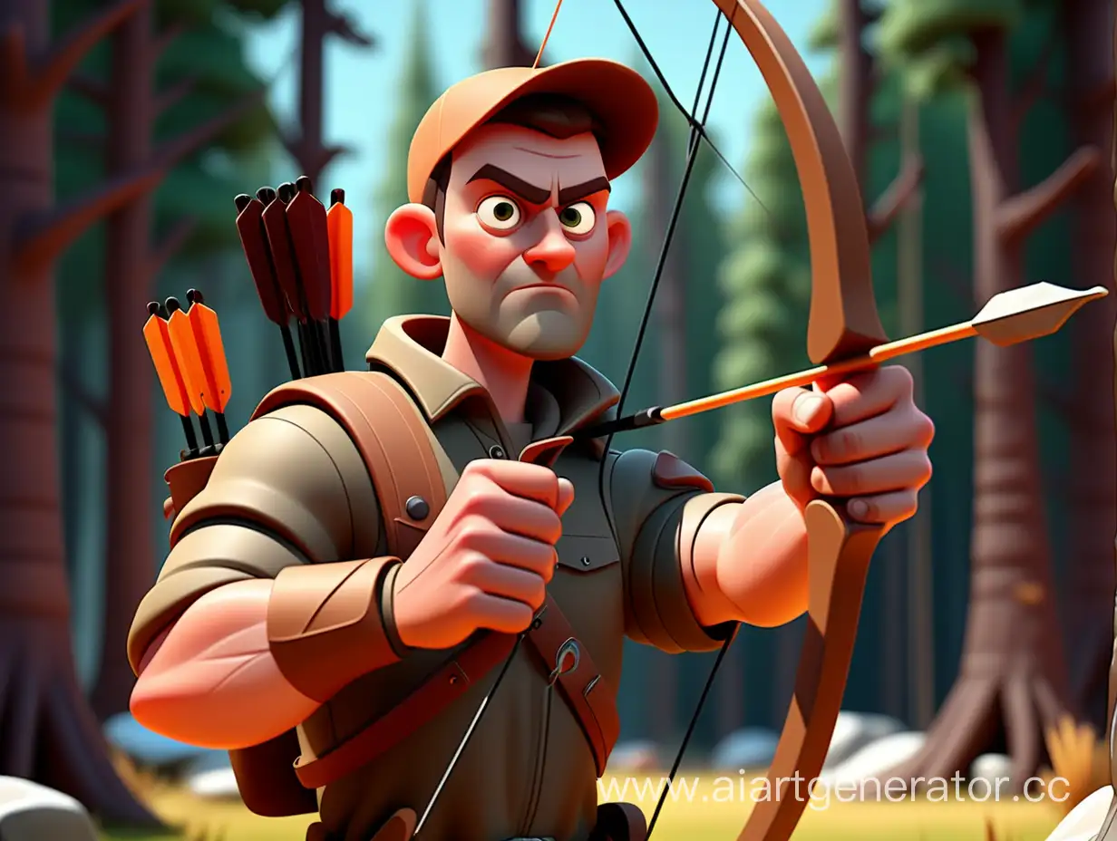 cartoon style, 8k, one man hunter holding archery

