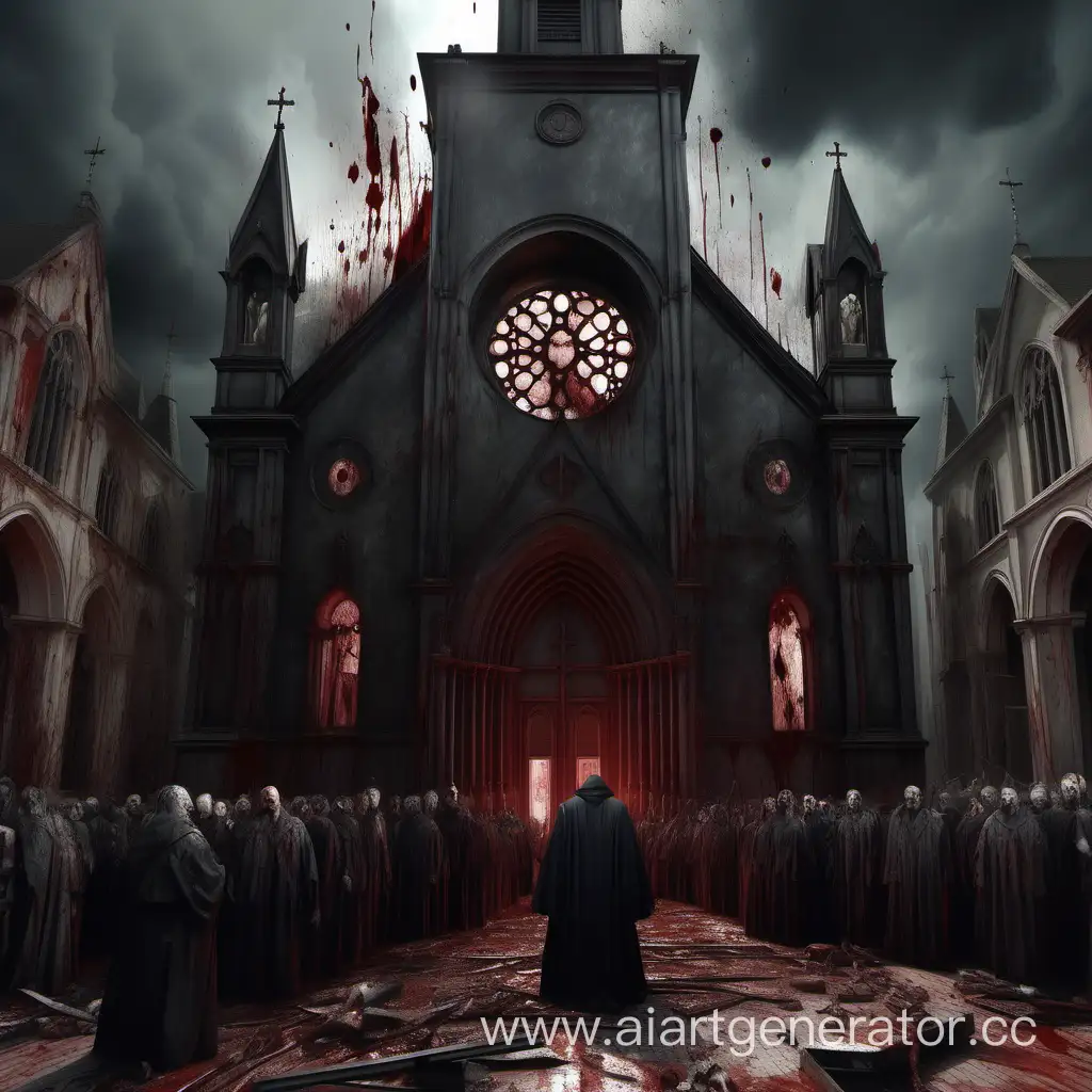 dilapidated dark church, armed people surrounded the bloodied terrible priest, high detail, ultra-realism