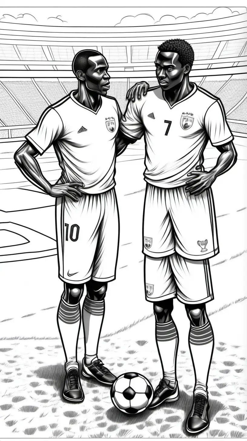 Coloring book page, Illustrate a tense moment between two football players engaged in the field during AFCON
