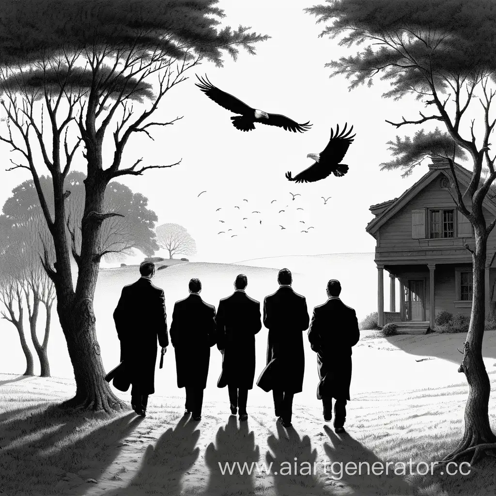 Three man in black, going towards a house, the house simple and standing among trees, there is an eagle on the sky flying