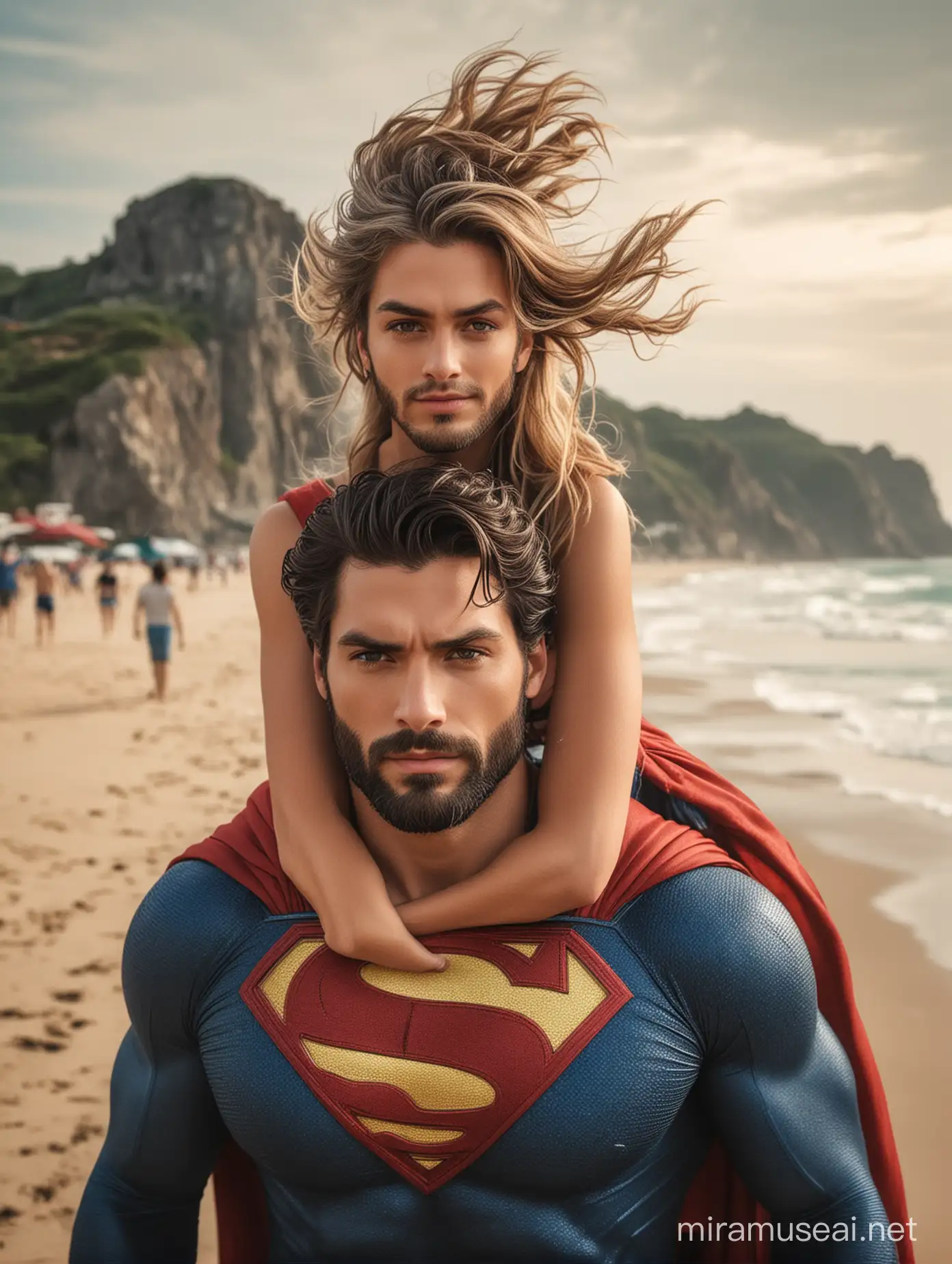 Handsome and mascular Superman with beautiful hairstyle and beard carrying a girl on his shoulders with beach in background 