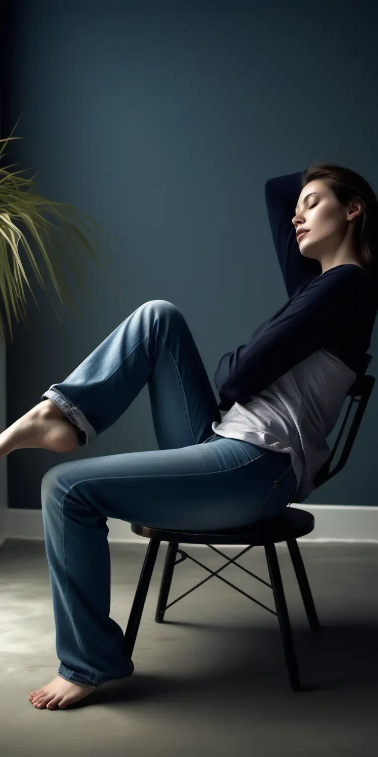Die Szene zeigt eine Frau, die seitlich auf einem Sessel schläft, ihr Kopf leicht zur Seite geneigt, während ihr Körper in einem entspannten Zustand verharrt. Ihre Füße hängen lässig in der Luft, was darauf hinweist, dass sie sich in einer unkonventionellen Position zur Ruhe gelegt hat.

Gekleidet in eine enge blaue Jeans, betont ihr Outfit ihre Figur auf unaufdringliche Weise, während das Dunkelblau der Jeans einen ruhigen Kontrast zu der Szenerie bildet. Über ihrem Oberkörper liegt ein schwarzes langärmiges Oberteil, das sich harmonisch in die Umgebung einfügt und ihr ein Gefühl von Geborgenheit verleiht.

Ihr Gesicht ist entspannt und friedlich, die Züge weich und ruhig im Schlaf. Die Szene strahlt eine Aura der Gelassenheit aus, als ob die Frau in einem Moment der inneren Ruhe und Entspannung verweilt.

Das Zimmer ist mit sanftem Licht durchflutet, das eine warme und einladende Atmosphäre schafft. Die Möbel um sie herum sind bequem und einladend, was darauf hinweist, dass der Raum als Ort der Erholung und des Rückzugs konzipiert ist.

In dieser Szene der stillen Kontemplation und des Friedens findet die Frau einen Moment der Ruhe und des Ausgleichs inmitten des Trubels des Alltags. Es ist ein Moment der Selbstfürsorge und des Wohlbefindens, der zeigt, dass auch in der Stille die wahre Schönheit des Lebens liegt.