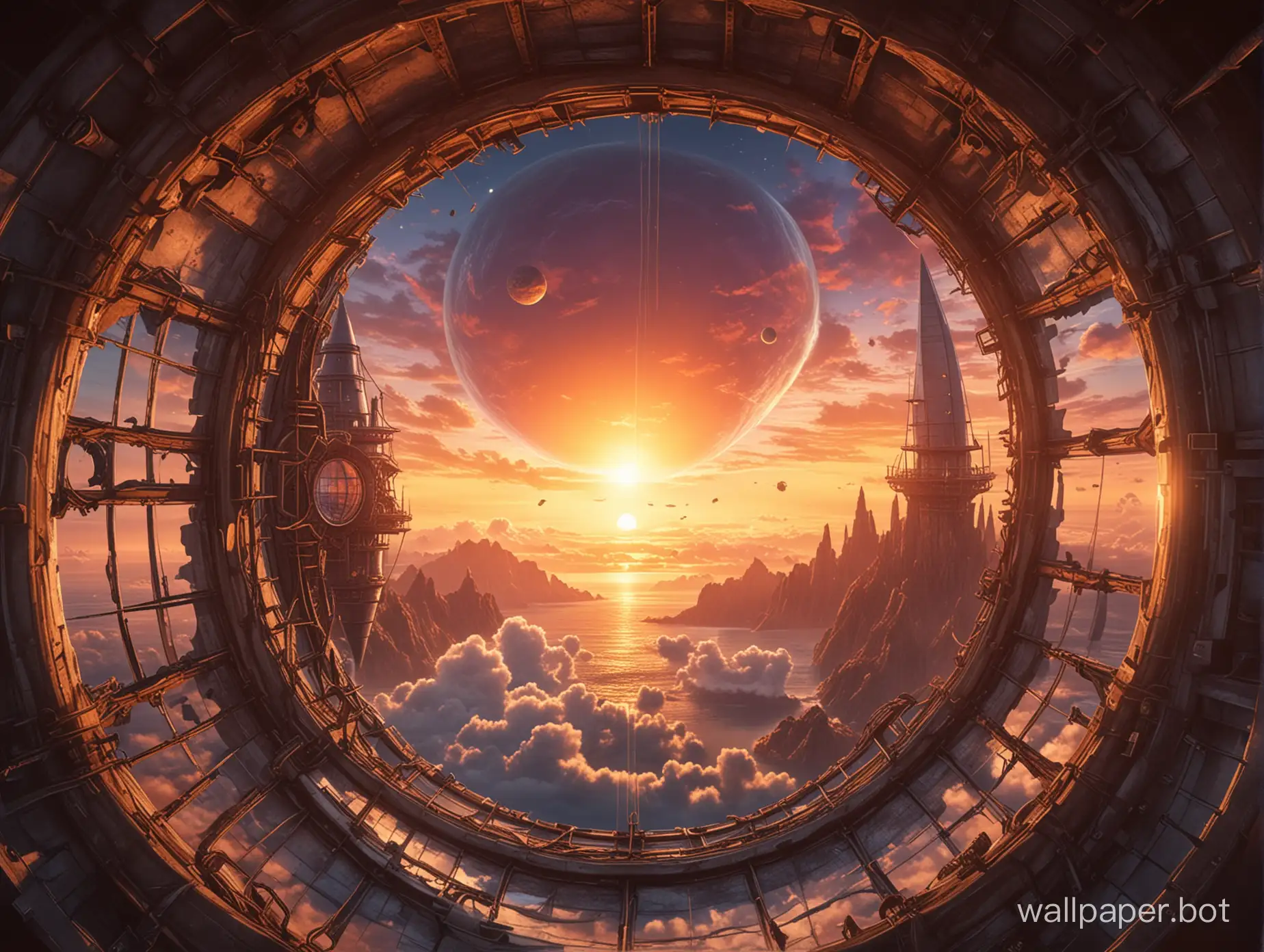 A narrow window into a fantastic space with a planet. fantastic tower against sunset background. There is an airship with sails in the sky. High resolution. Very definition. sci-fi. Anime. Steampunk.