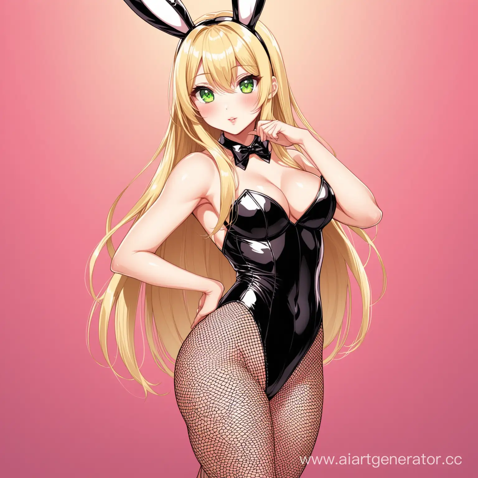 A girl, long straight blonde hair and big green eyes, She is dressed in a seductive bunny costume, she has fishnet tights