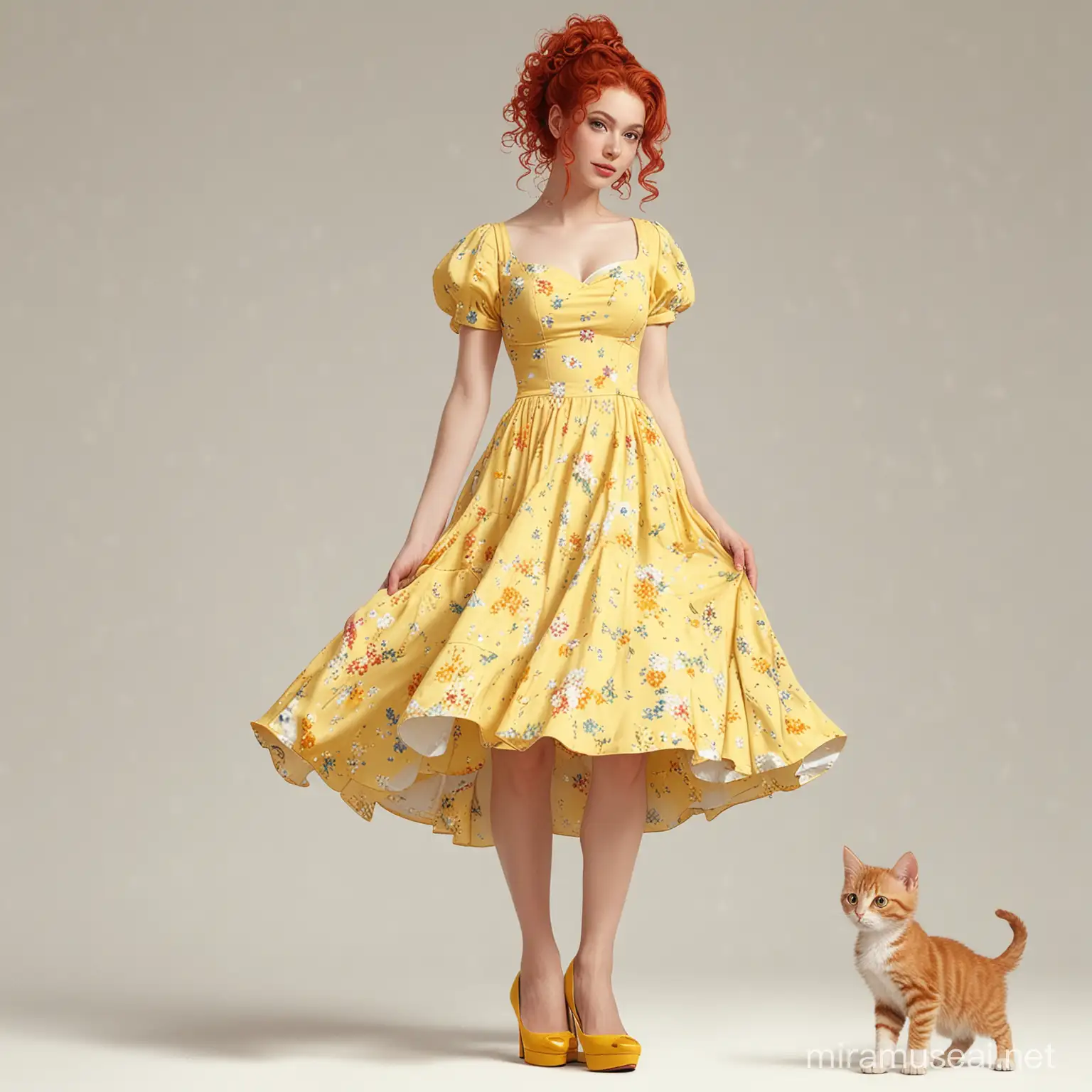 realistic full body shot of a beautiful young woman, red curly ponytail, spring dress in yellow, yellow pumps with high heels, with little kitten in her arms, cartoonish, inventive character designs, color settings, 
highly detailed digital art, fixed on white background, watercolor effect, james gurney art --v 5.2 --s 250
