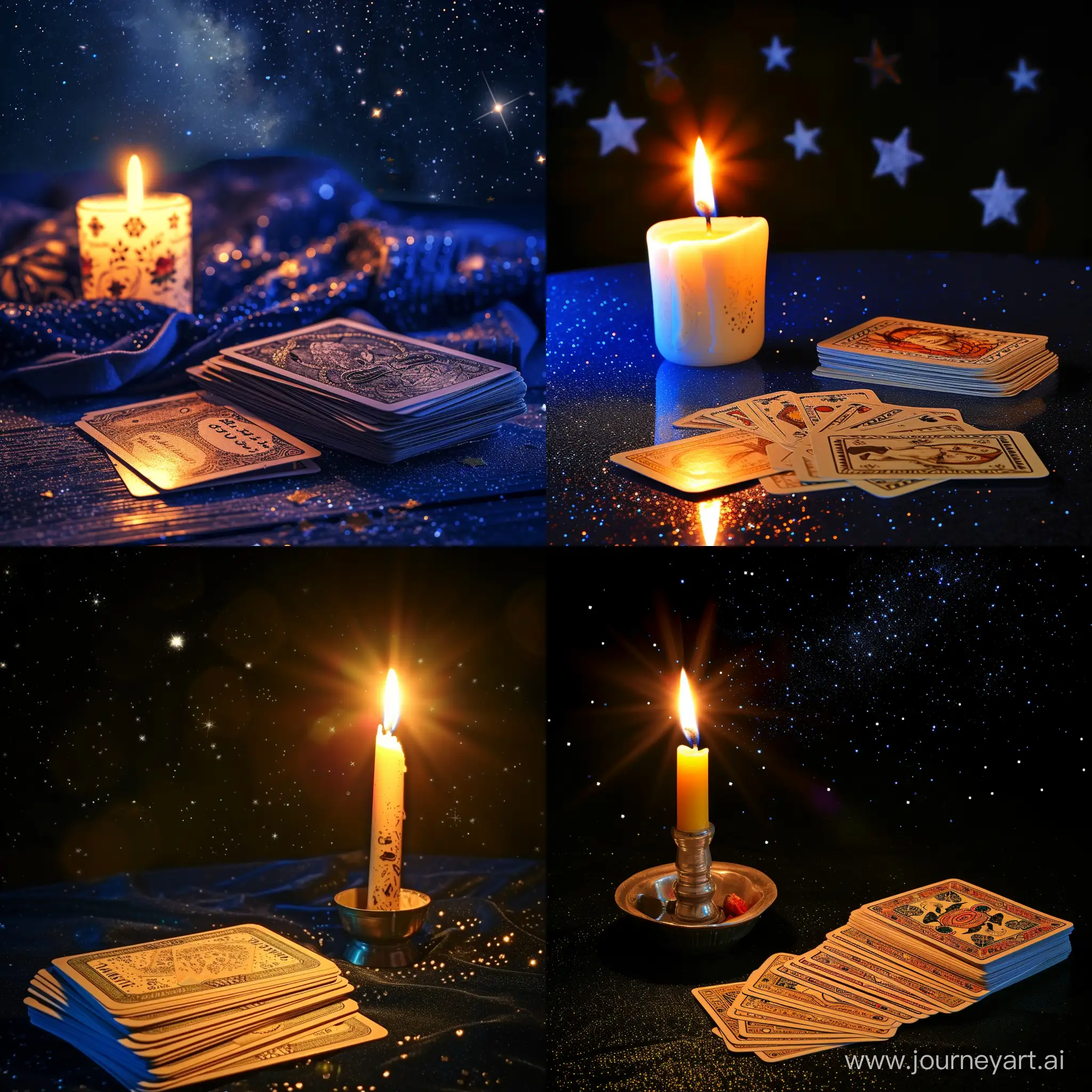 ночь, звезды, горит свеча и гадальные карты

