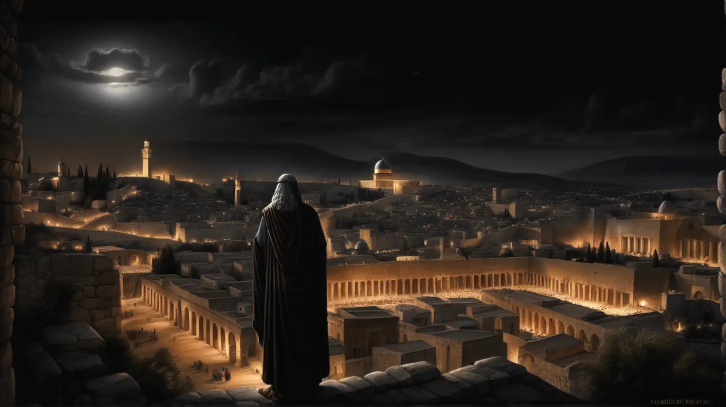 In the waning years of the 6th century BCE, amidst Jerusalem's ruins, Zechariah stands as a beacon of hope for the returning exiles, aiming to rebuild their city and temple." dark black background, ancient biblical history,
