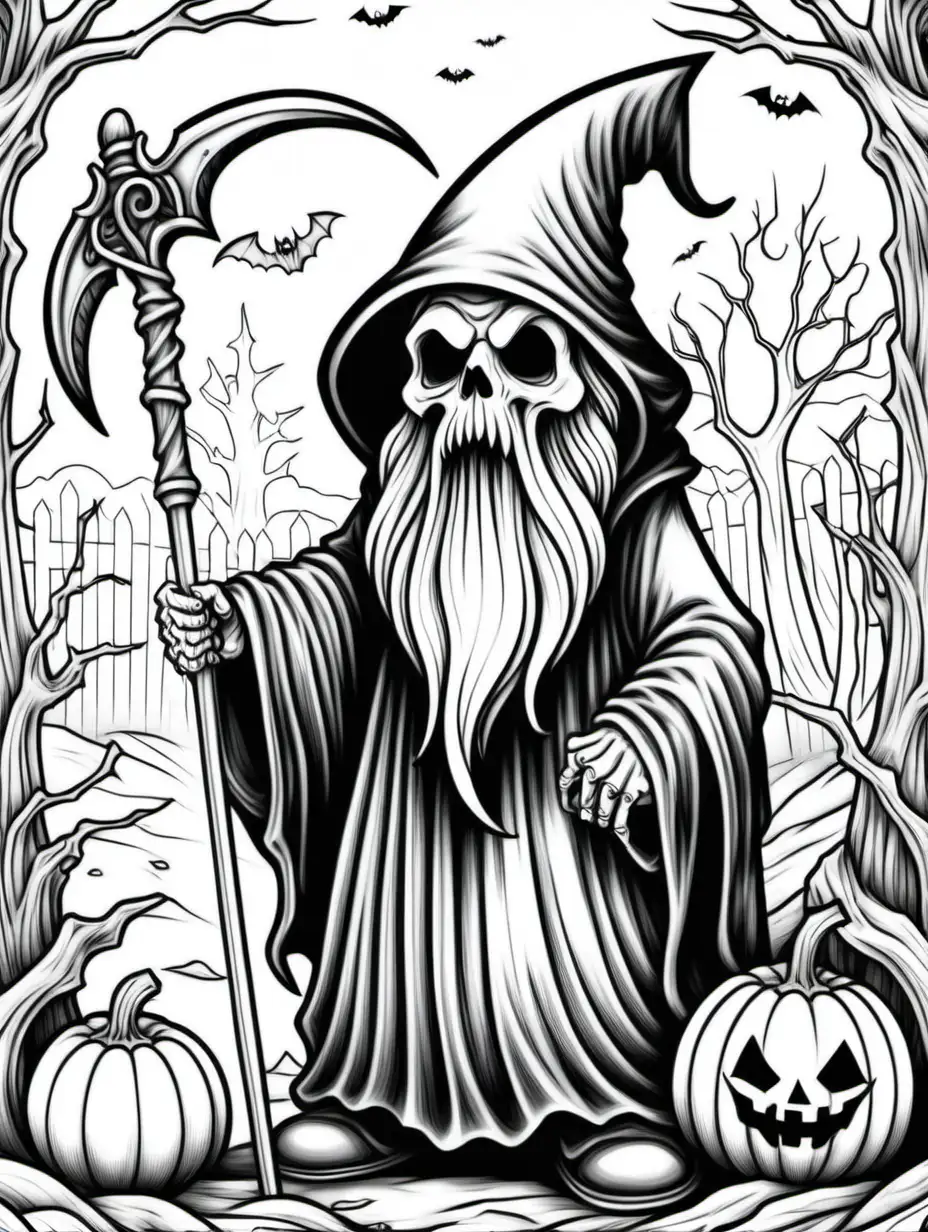 adult coloring page page, halloween grim reaper gnome, thick lines, low detail, no shading