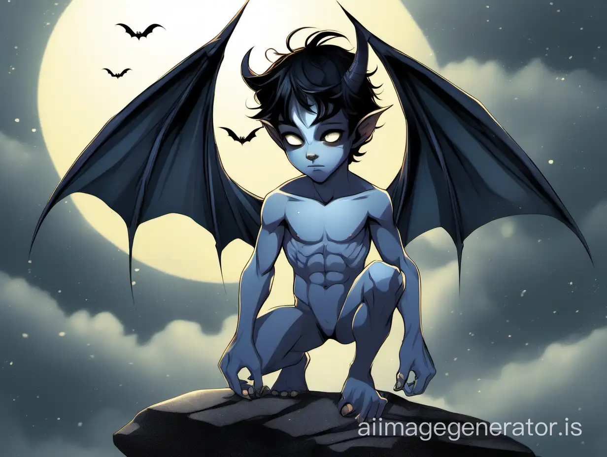 A naked boy with very smooth gray-blue skin and some freckles. He has bat-like wings and a tail. He is thin. He has pointed ears. He has dark hair. He has claws instead of fingers and toes. Two natural small horns without structure grow from his forehead. He stands on a rock in a dark, cloudy night like a gargoyle. Show the entire boy in a long shot.