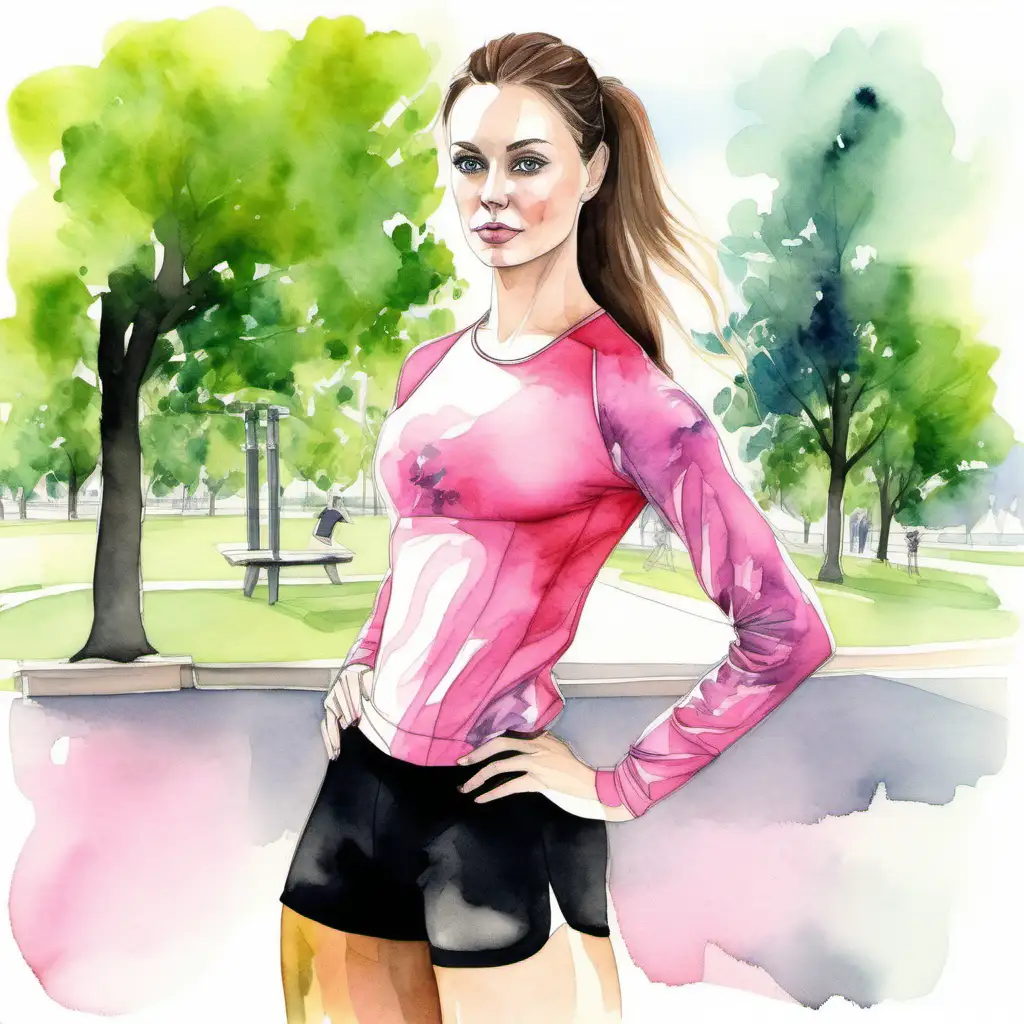 
Polish fitness lora, green eyes, thin lips and nose, in black lycra shorts and a pink blouse, doing exercises in a parks,watercolor art