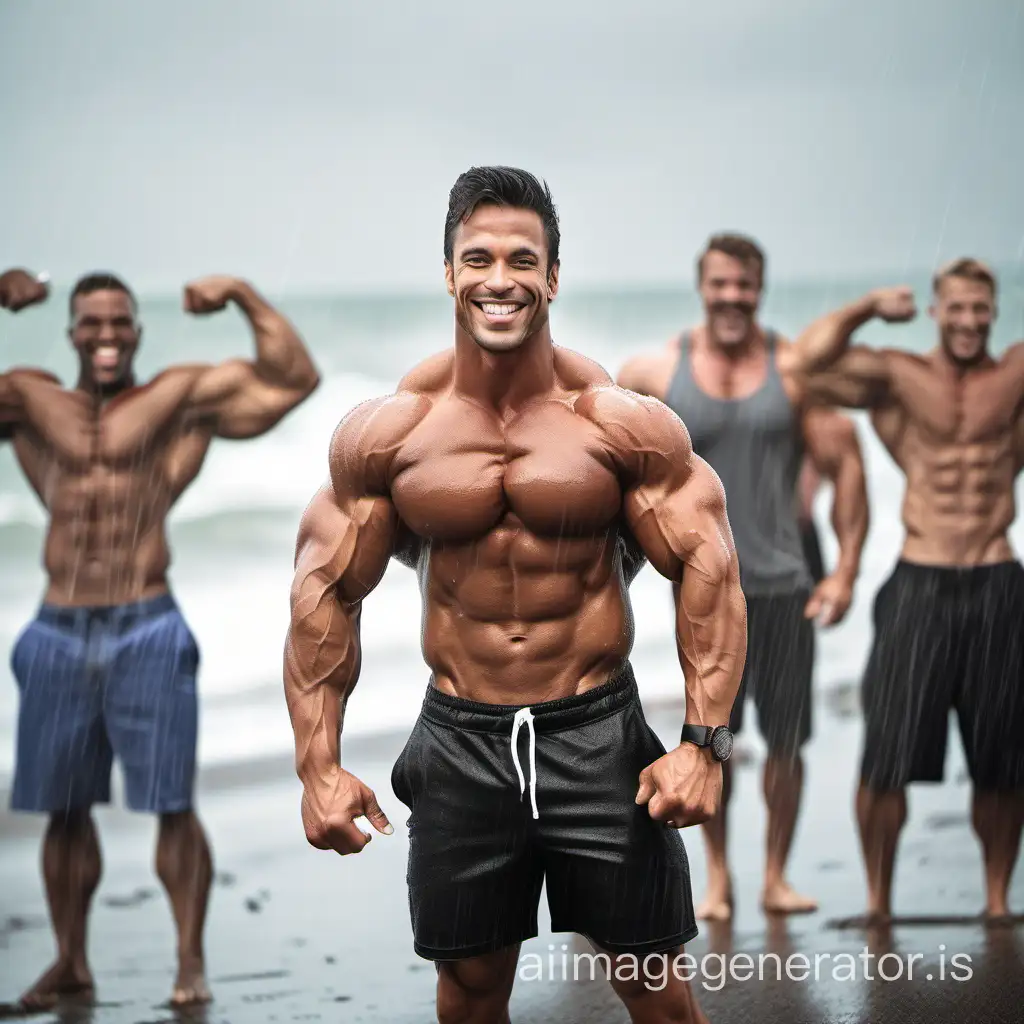 huge handsome smiling bodybuilder on beach surrounded close in by other admiring muscular men in the rain, with arms up in biceps flexing pose.