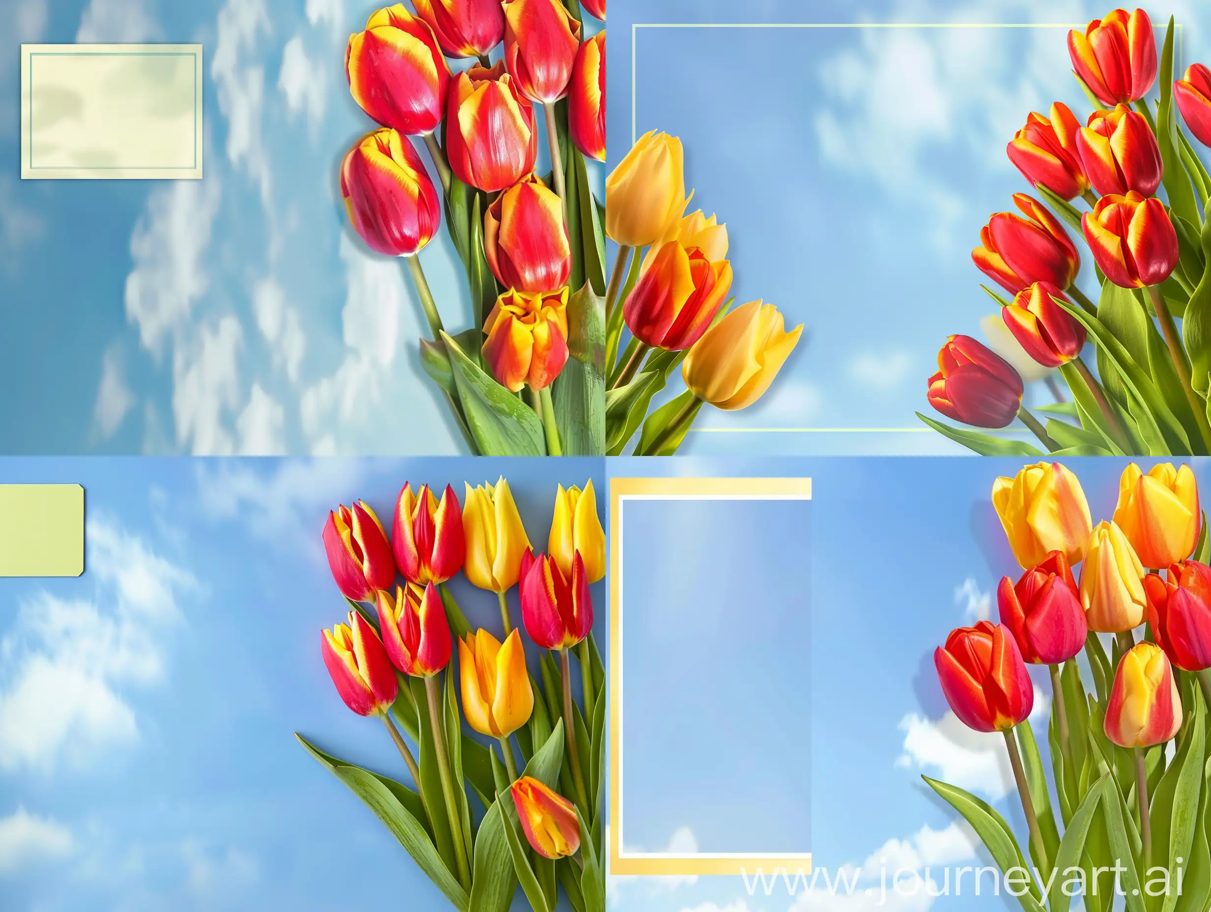 a spring flower postcard with red, yellow and orange tulips on the right side, blue sjy background and a place for text on the left