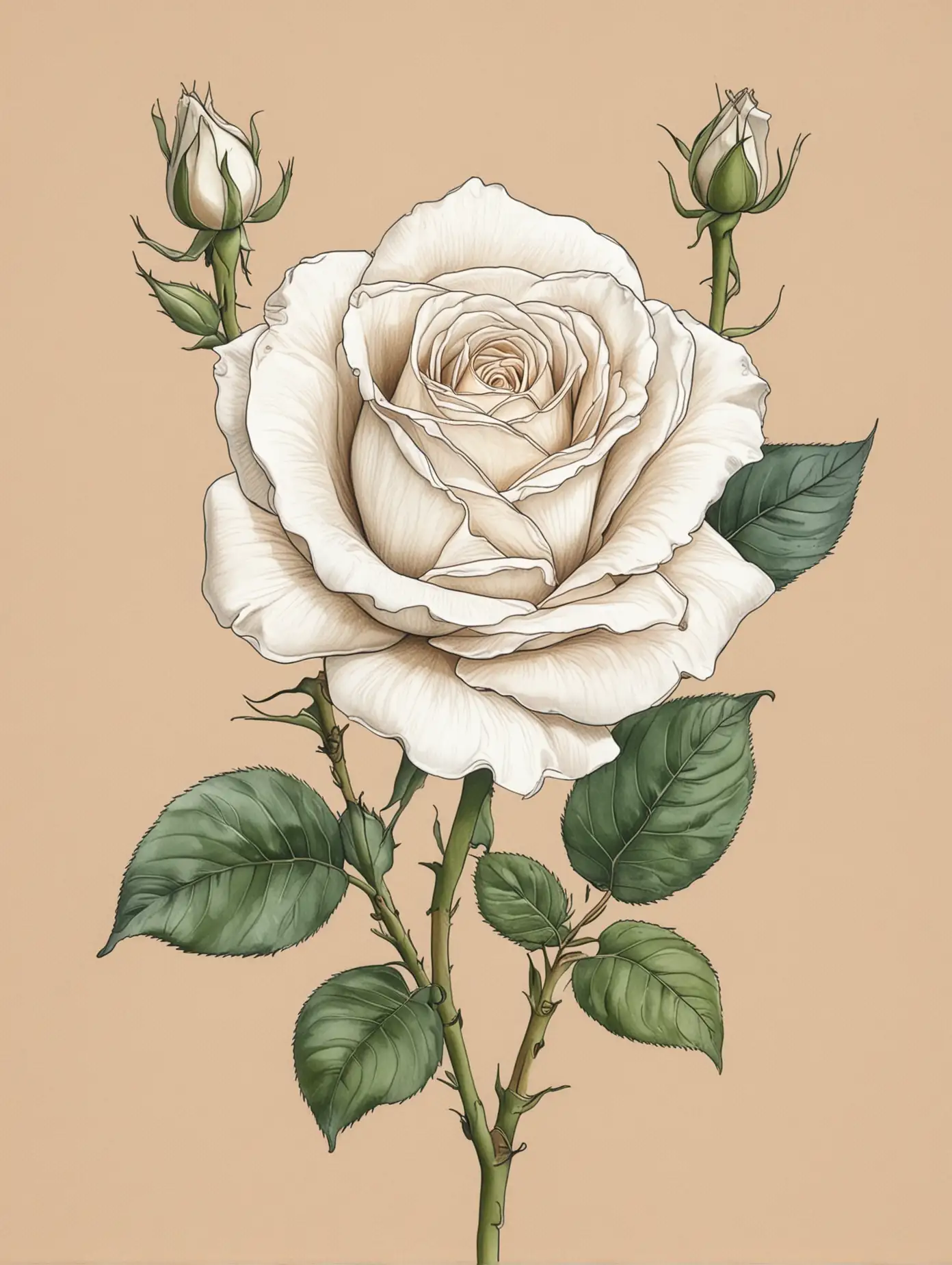simple color line drawing of 1 white rose in the style of Audubon
