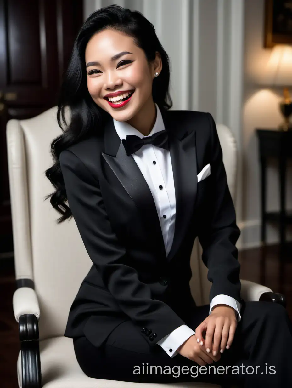 Chic-Laughter-in-Dimlit-Elegance-Vietnamese-Woman-in-Stylish-Tuxedo
