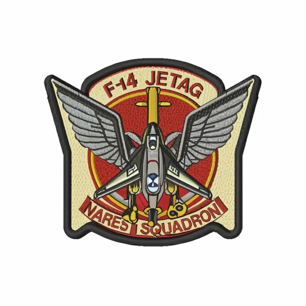 logo, F14 jetfighter squadron logo, with the text "Name tag breast rectangular velcro", typography