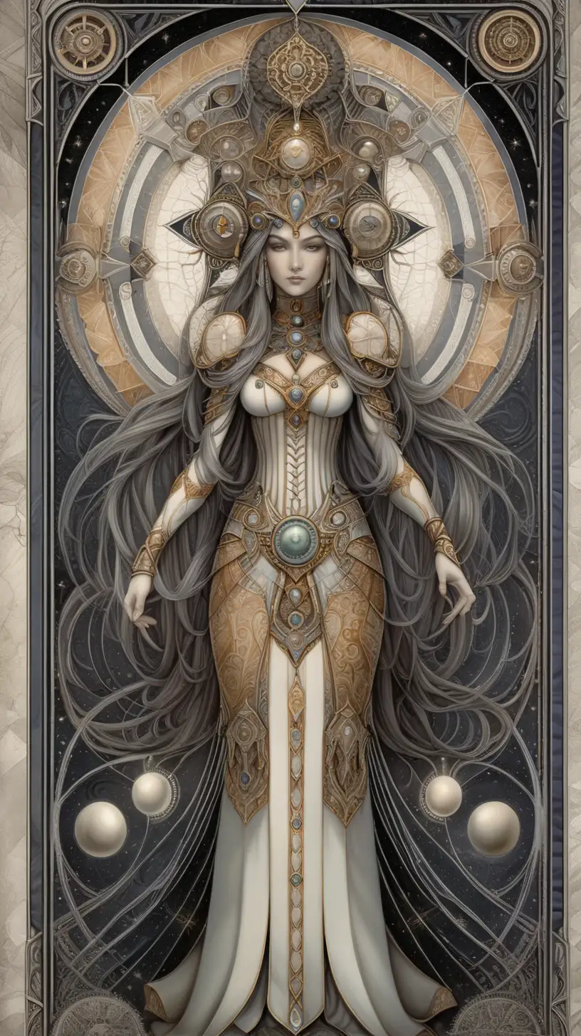 Goddess ,Tarot Card, with many lines and ornaments, extremely detailed many layers, old card design, symmetrical design, mandala arabesque style, old design on old papar, elegantism, lull's 'the clockwork hearts' art print with frame, in the style of detailed portraits, gothic futurism, oil on panel, monumental ensembles, gray and amber, lovecraftian, expansive geometry, Greebles::3 --ar 73:128 --s 750 --v 6.0