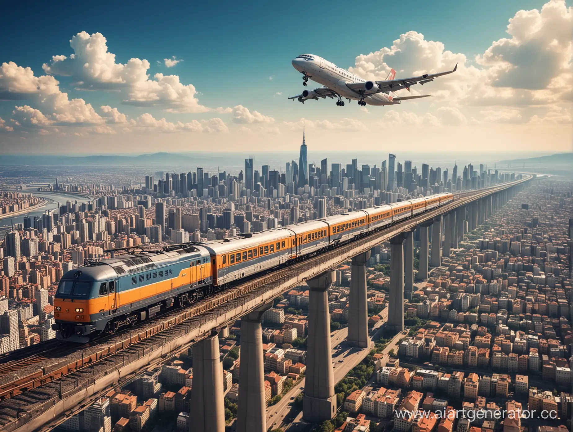 Urban-Skyline-with-Aerial-View-of-Airplane-and-Commuter-Train