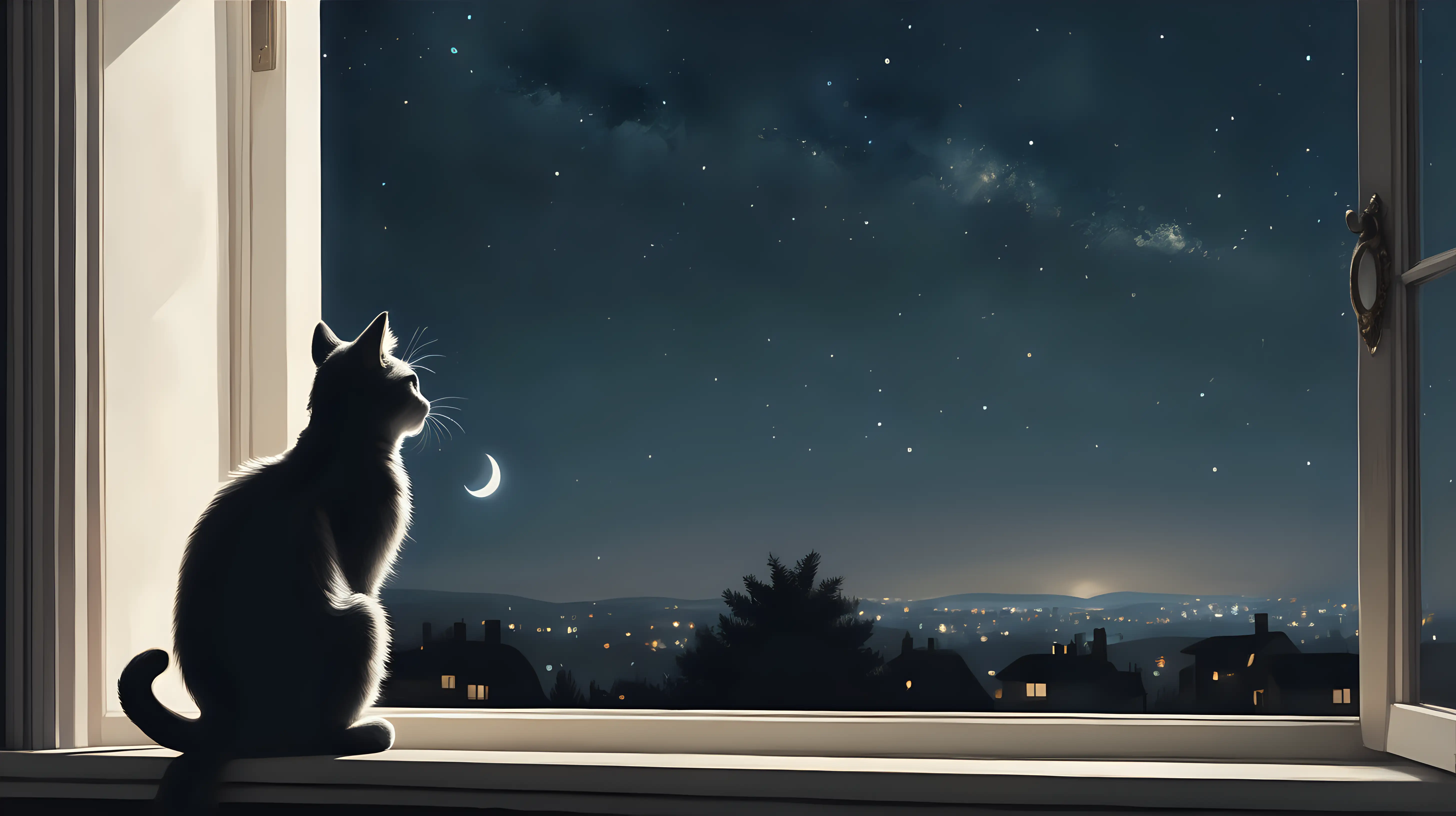 "Create a scene of a cat sitting at the edge of an open window, looking out into the night sky, with a sense of yearning for something beyond its reach."