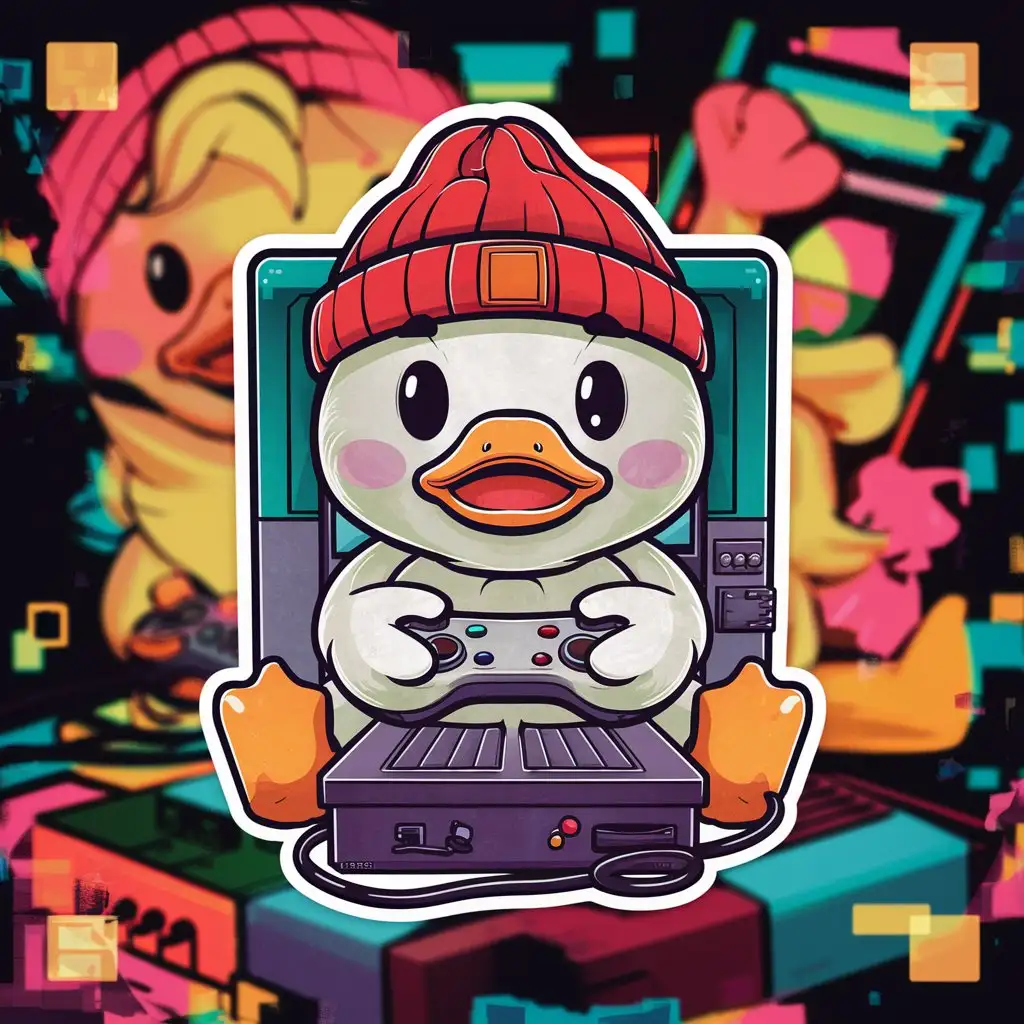 Stiker art, cute duck playing video games.
