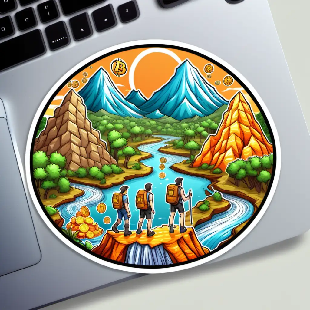 adventurers exploring different landscapes, such as the Bitcoin mountain, Ethereum jungle, Ripple river . cartoon style sticker 