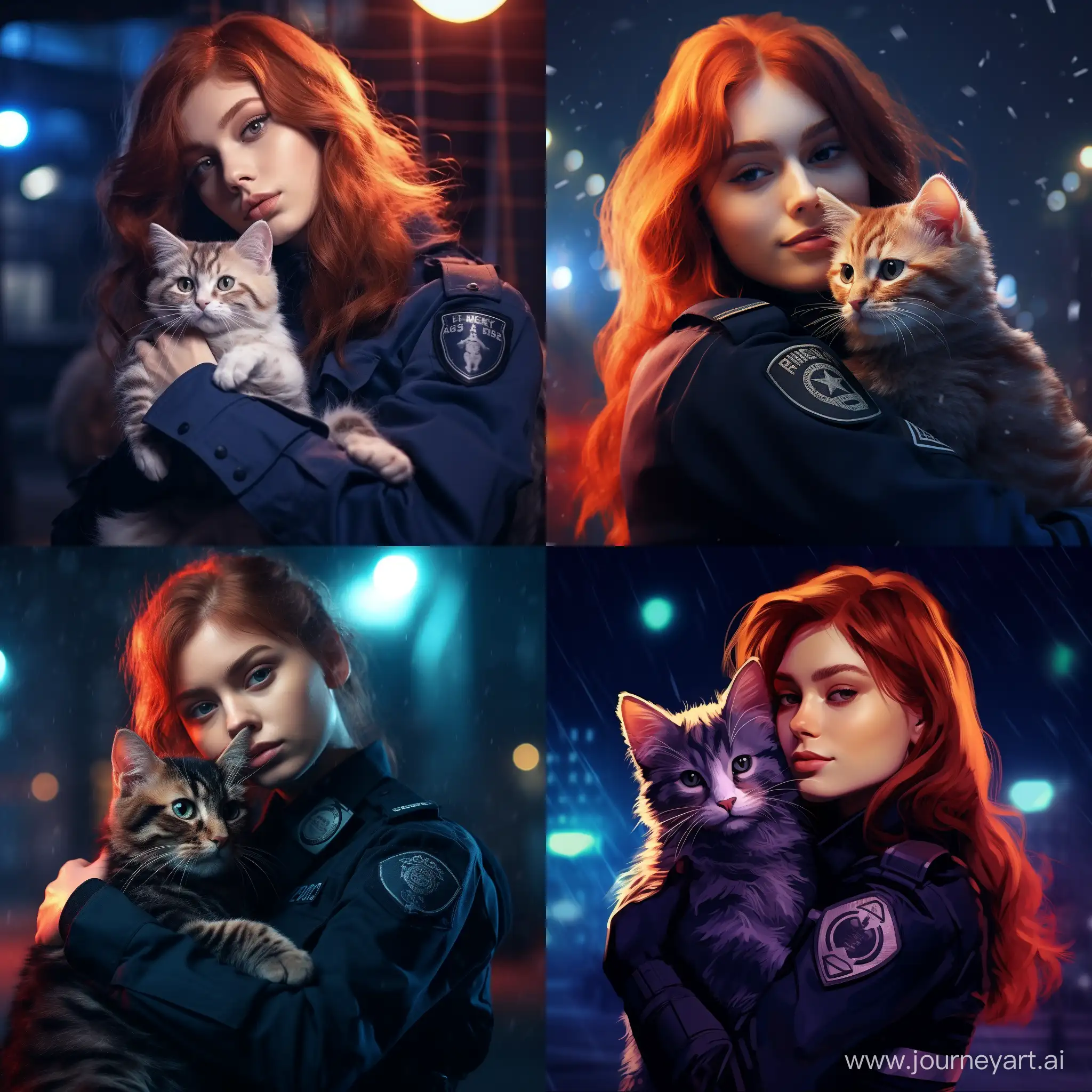 RedHaired-Policewoman-Embracing-a-Cat-on-a-Winter-Night