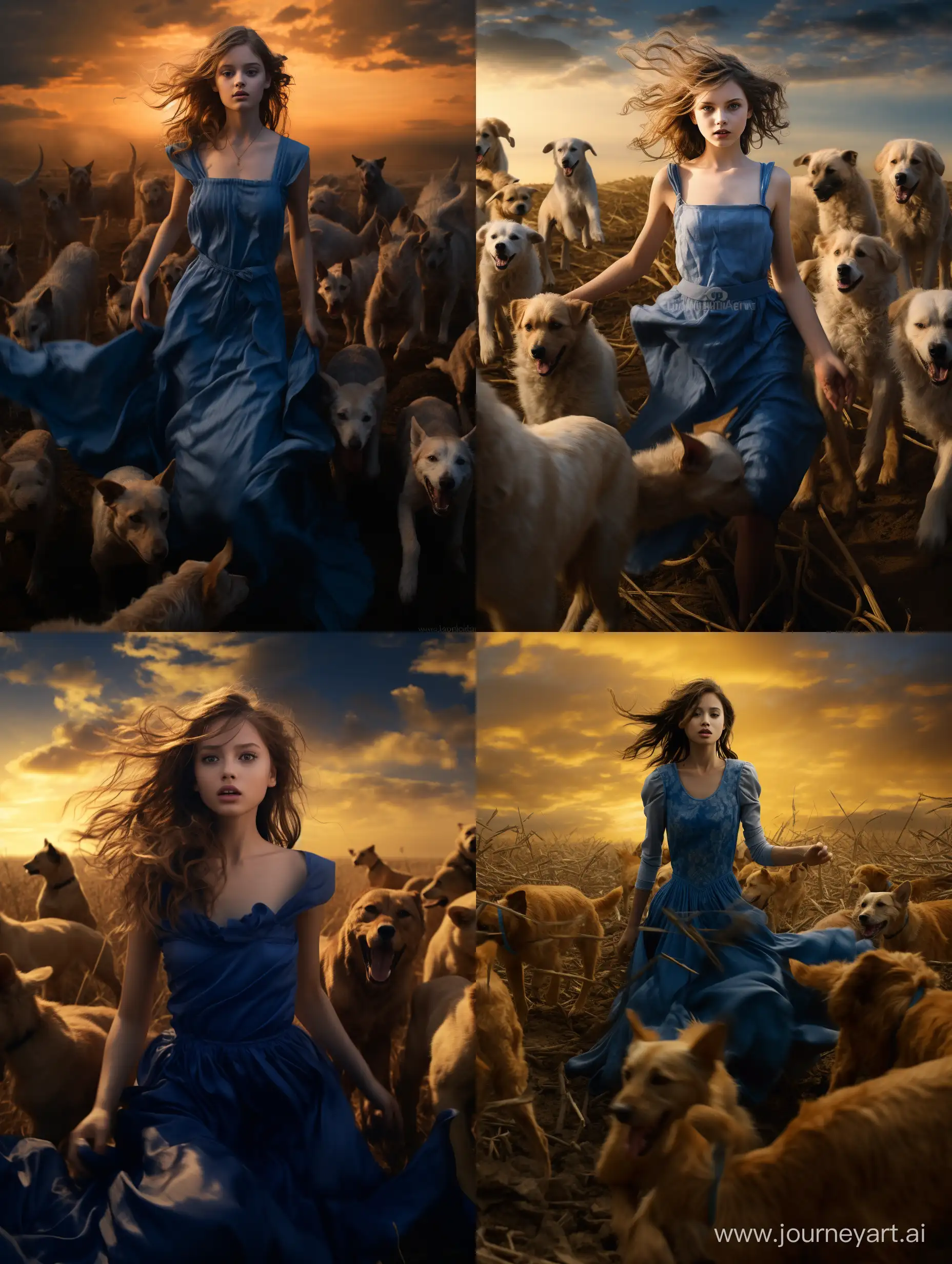 young girl in middle of war, wearing blue dress, escaping from dogs, golden hour v6