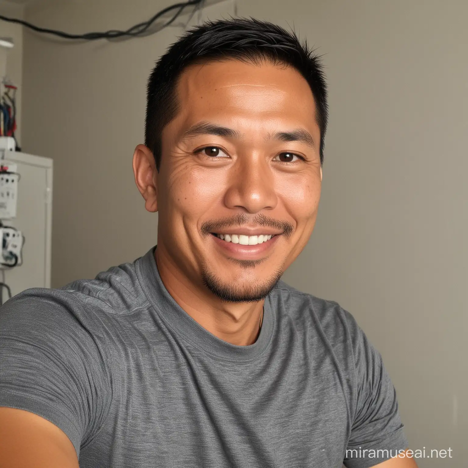 Smiling Filipino Canadian Electrician at Work
