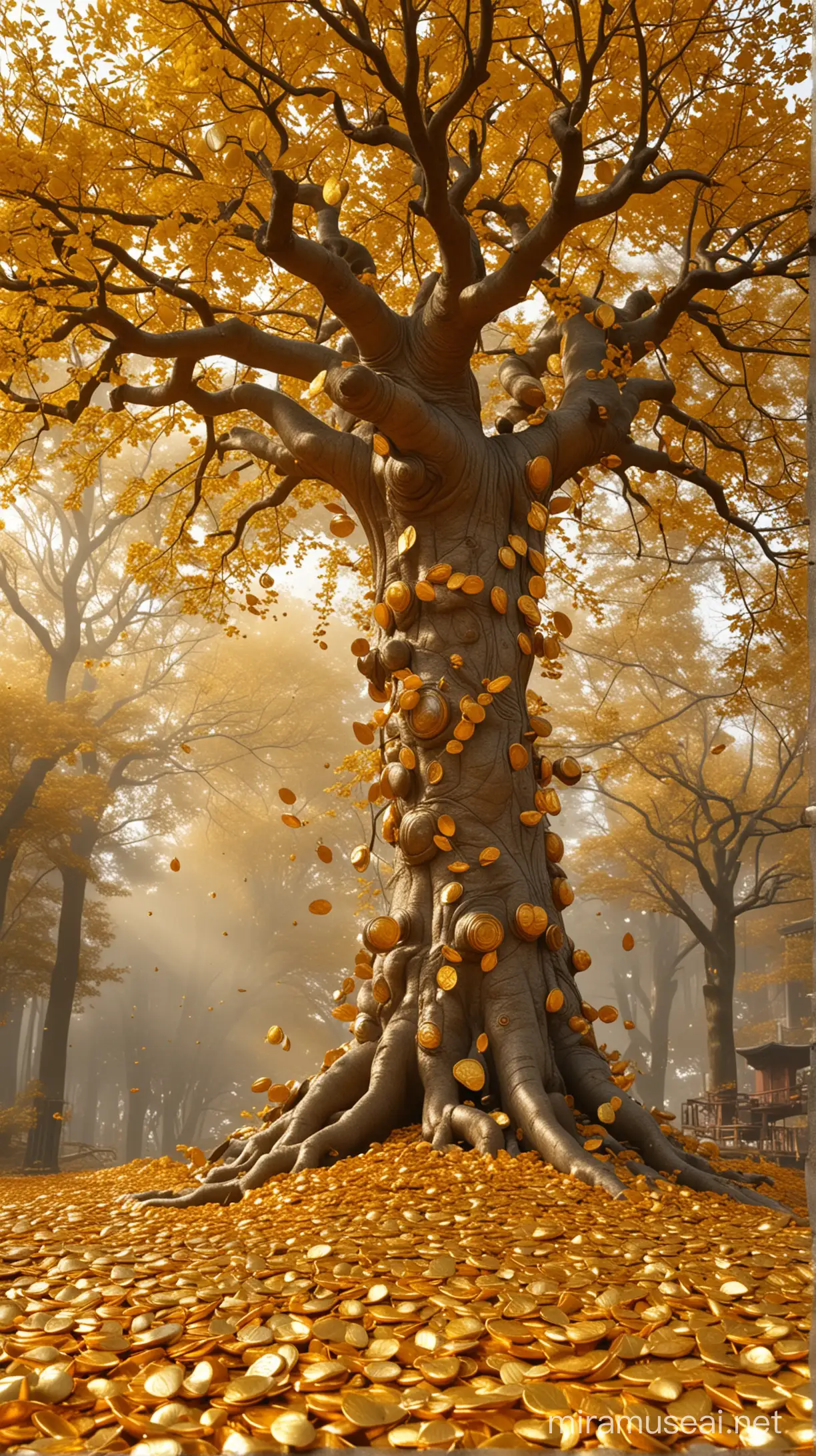 There is a beautiful and large-scale towering wealth tree, with branches extending all around and golden leaves. Its trunk is thick and smooth and curved into gold. There are many gold ingots on the tree, and the petals are golden. The gold ingots are flying and foggy. The background is golden, golden, glittering, dreamy, brilliant, illusory engine, art station, super wide angle, panoramic view at the top, 4K HD